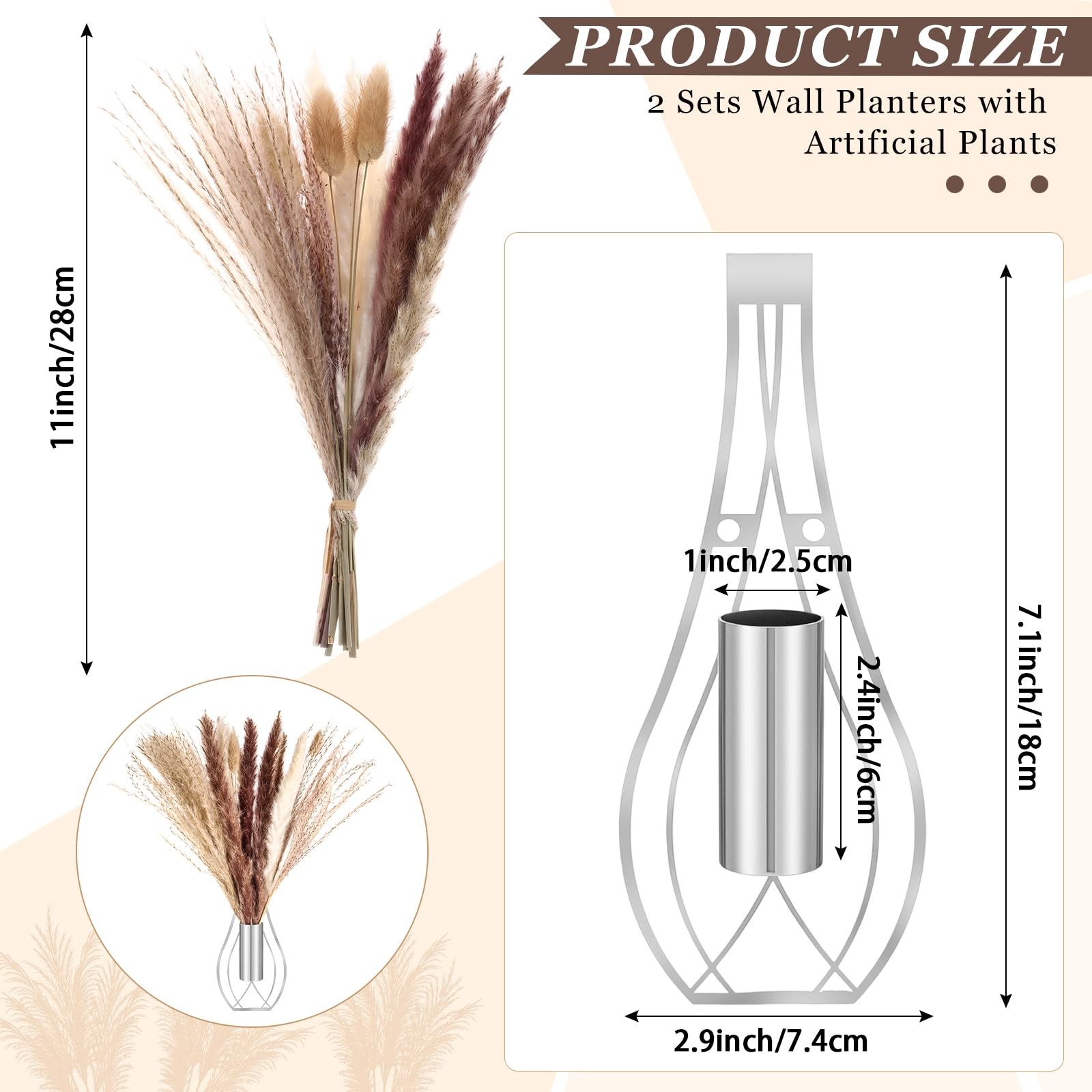 Boho Wall Decor Set of 2 – Metal Hanging Wall Art with Faux Pampas or Eucalyp…