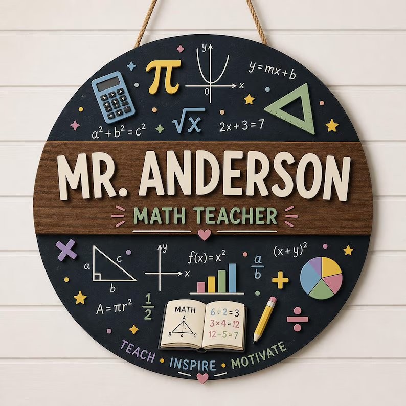 Personalized Math Teacher Door Sign, Custom Classroom Name Plaque Gift