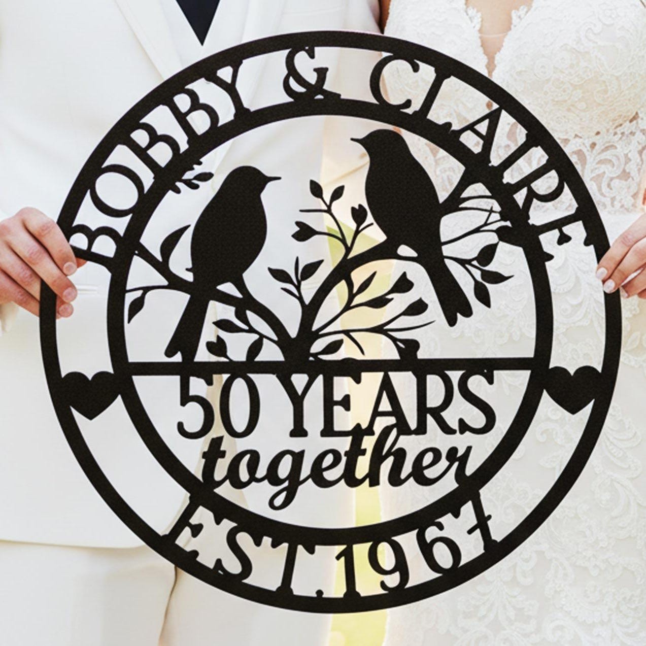 Personalized Anniversary Metal Sign, Custom Lovebirds Wedding Gift with Date