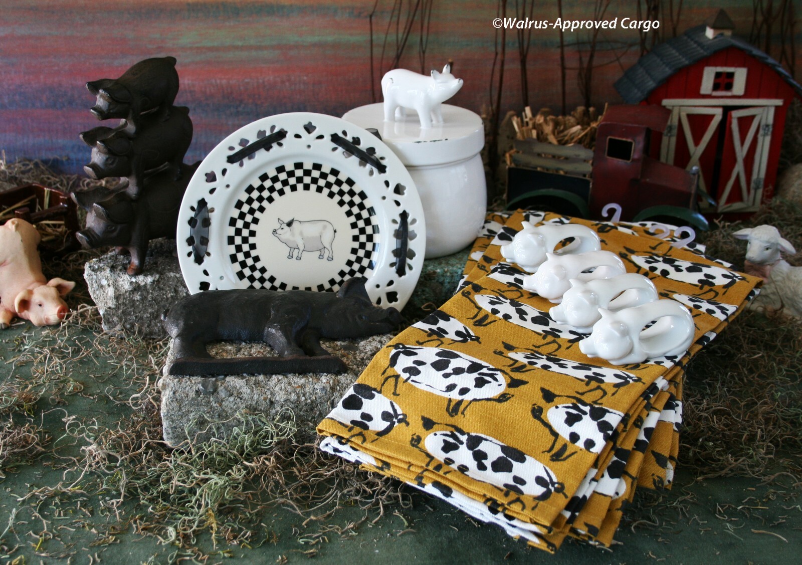 PIGS! WALL ART, CANISTER, DISH TOWELS, NAPKIN RINGS, DOORSTOP, DECORATIVE PLATE