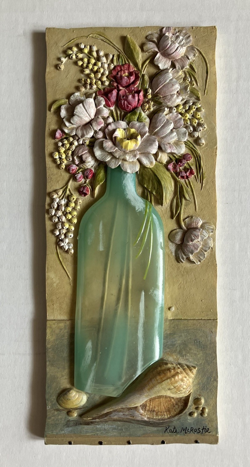 Kate McRostie Decorative 3D Wall Plaque Resin Sculpted Flowers In Aqua Vase