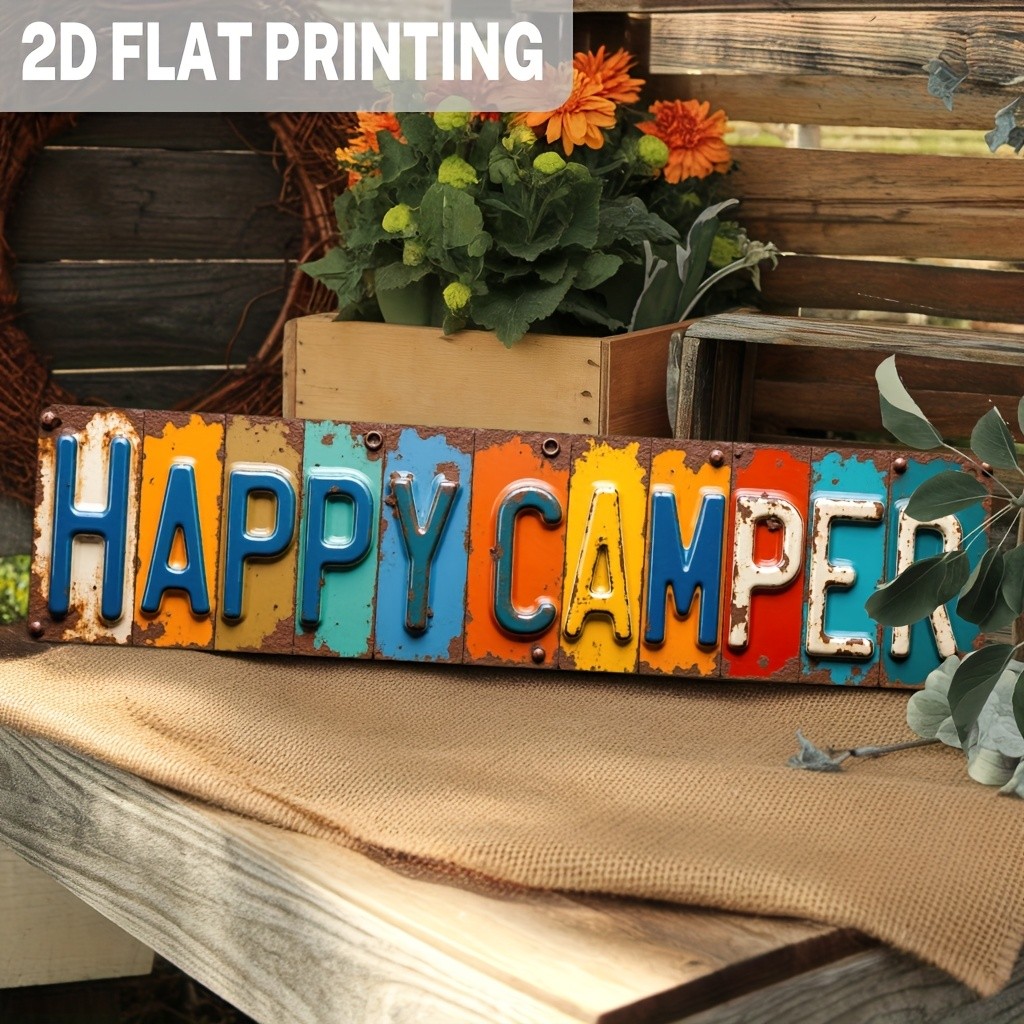 Metal Sign Vintage Color Block Happy Camper License Plate Style RV Cabin Plaque