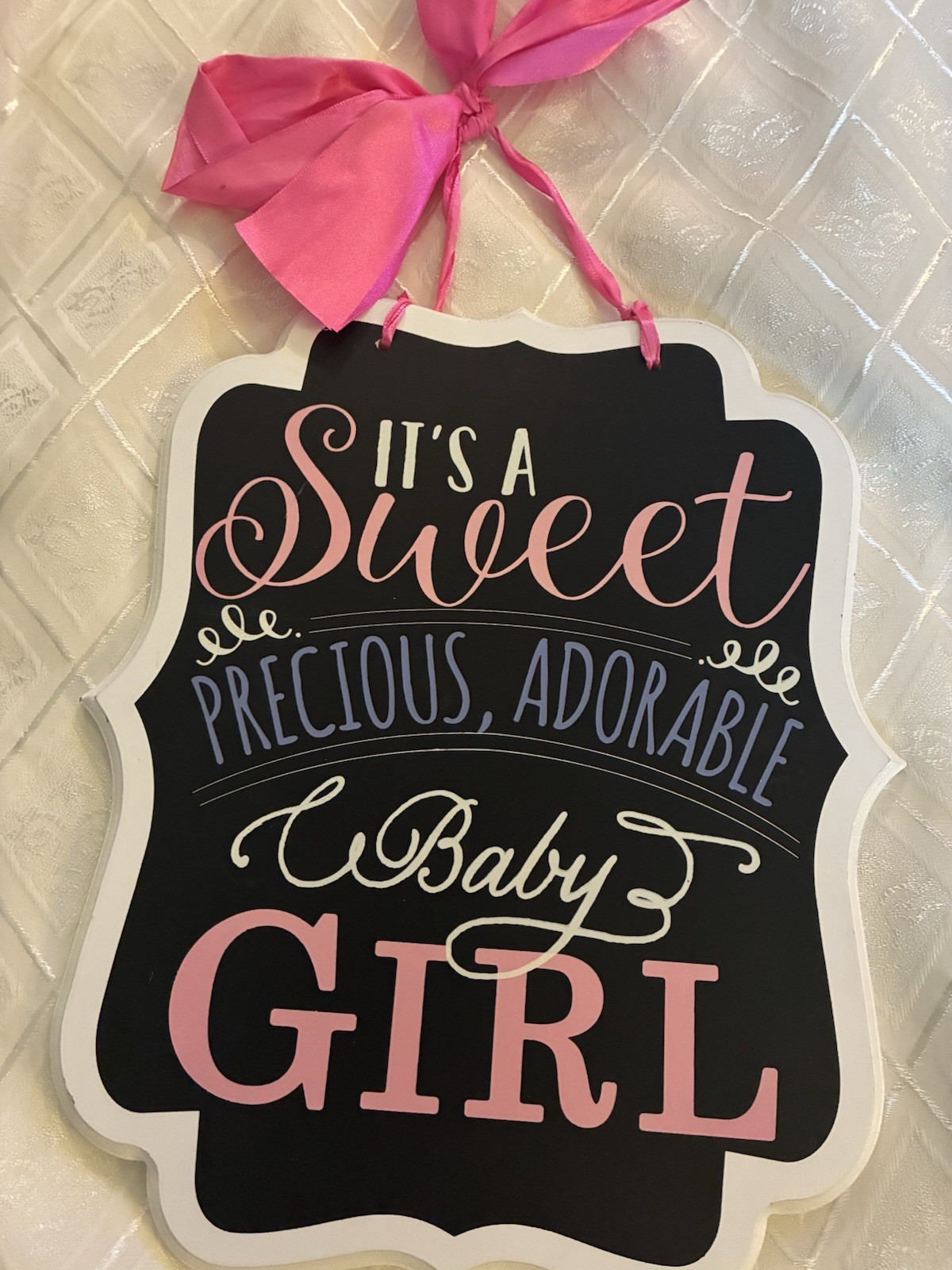 Decorative Hanging Plaque for Baby Girl Nursery, Wood, Pink Ribbon, Rectangle