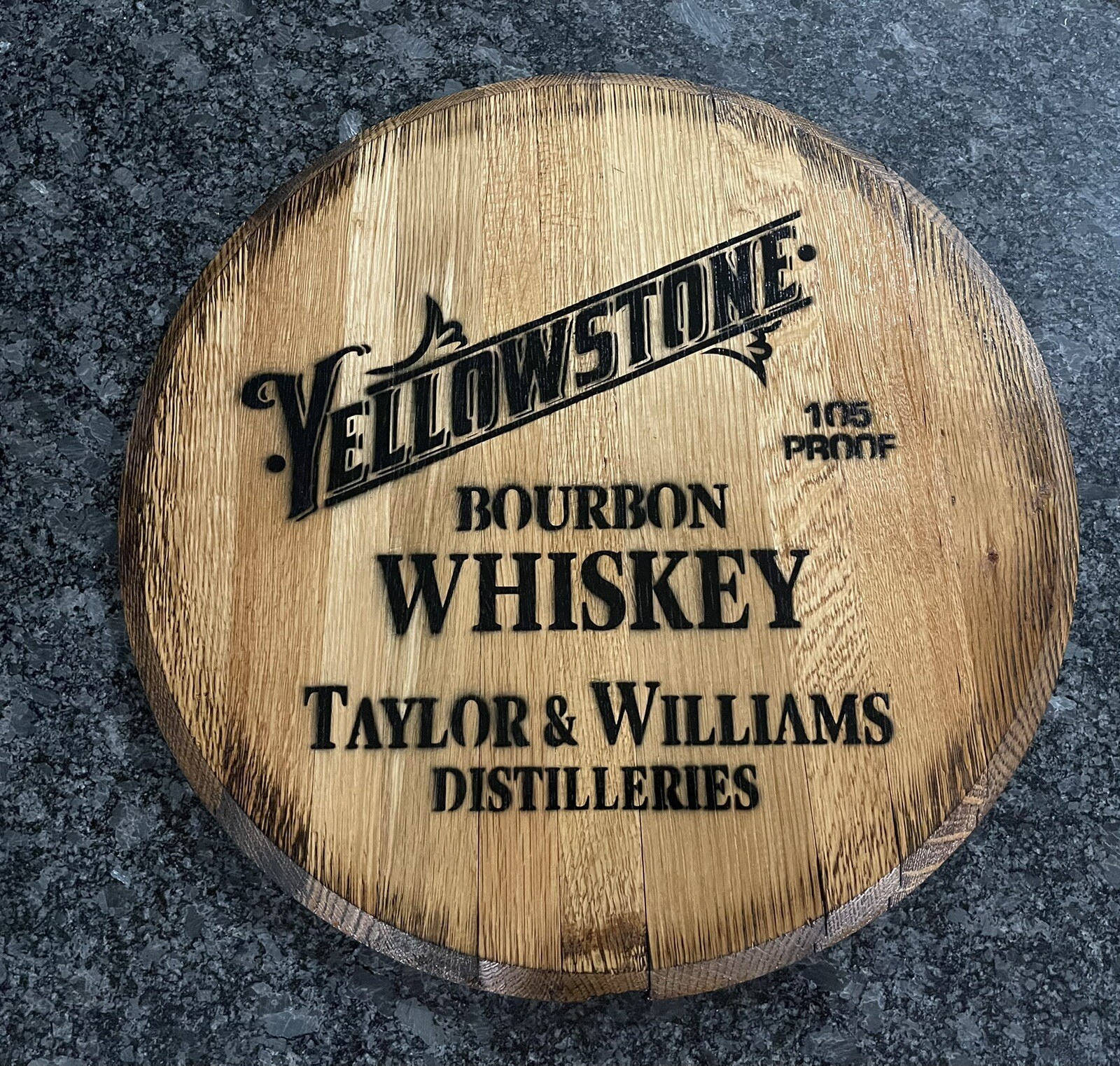 Bar Decor (Yellow Stone Bourbon Whiskey ) Reclaimed Bourbon Barrel Head 21”