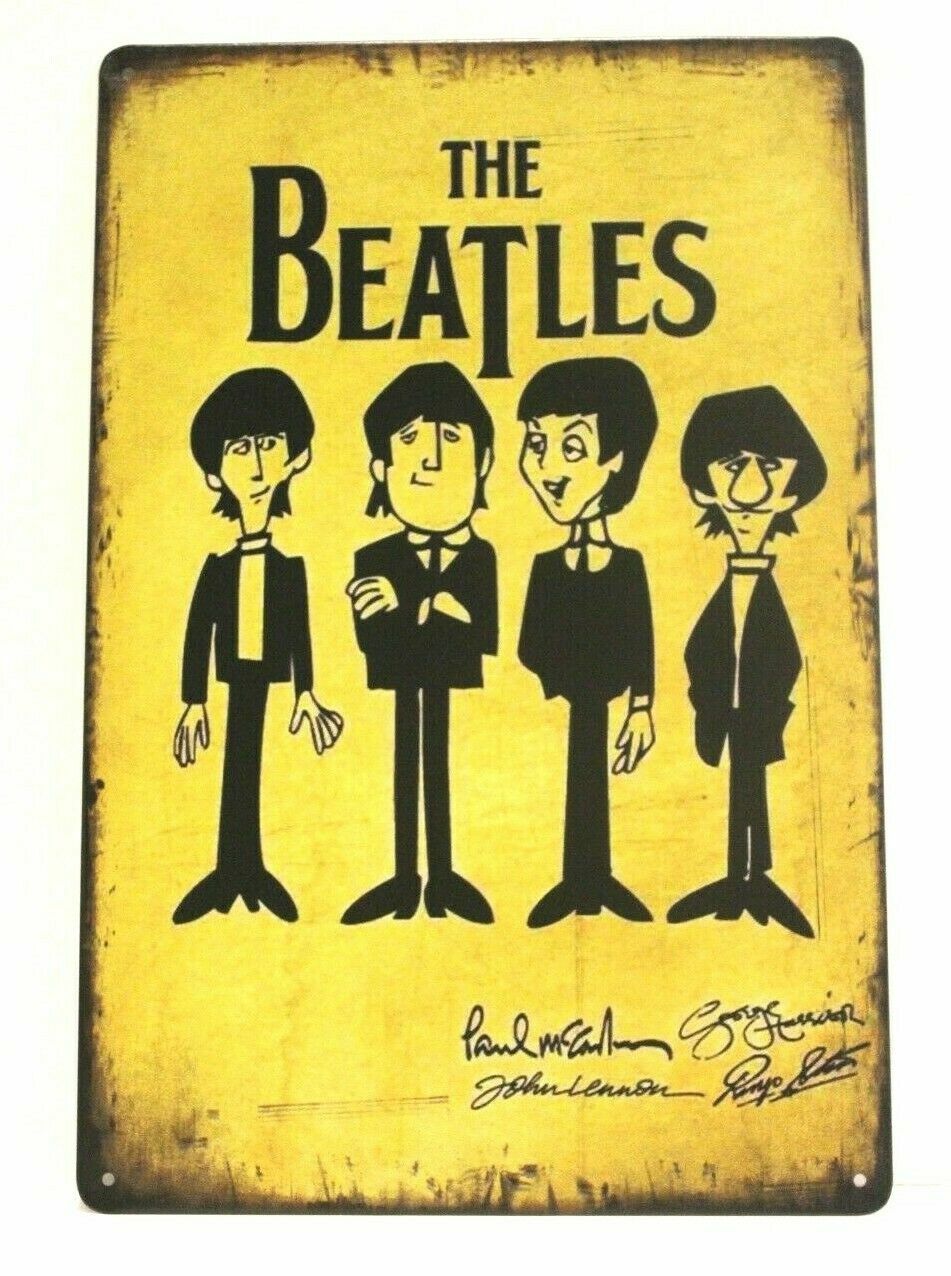 The Beatles Tin Metal Poster Sign Vintage Rustic Style Cartoon Drawing Sketch D
