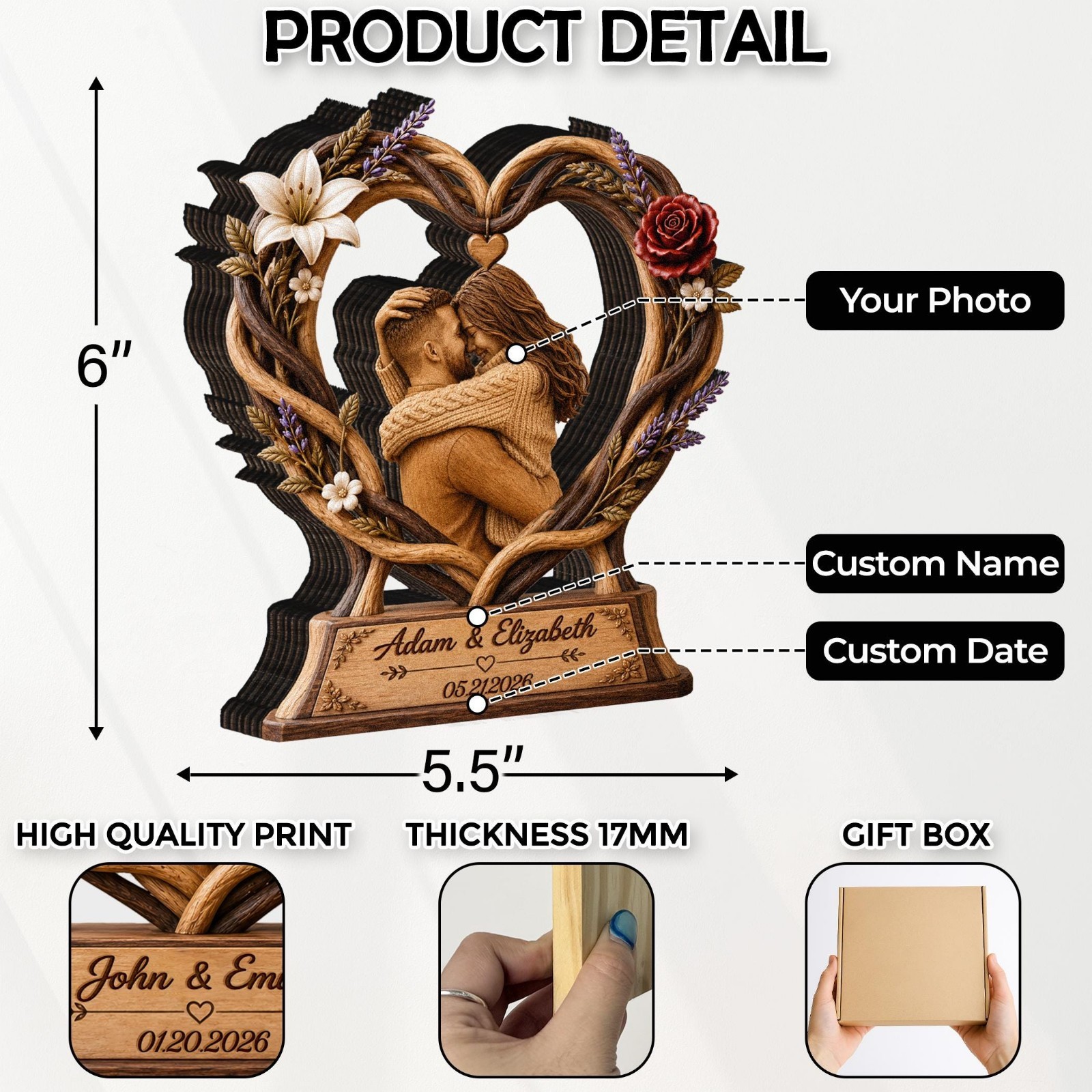Personalized Couple Photo Heart Wooden Block, Floral Heart Wedding Decor