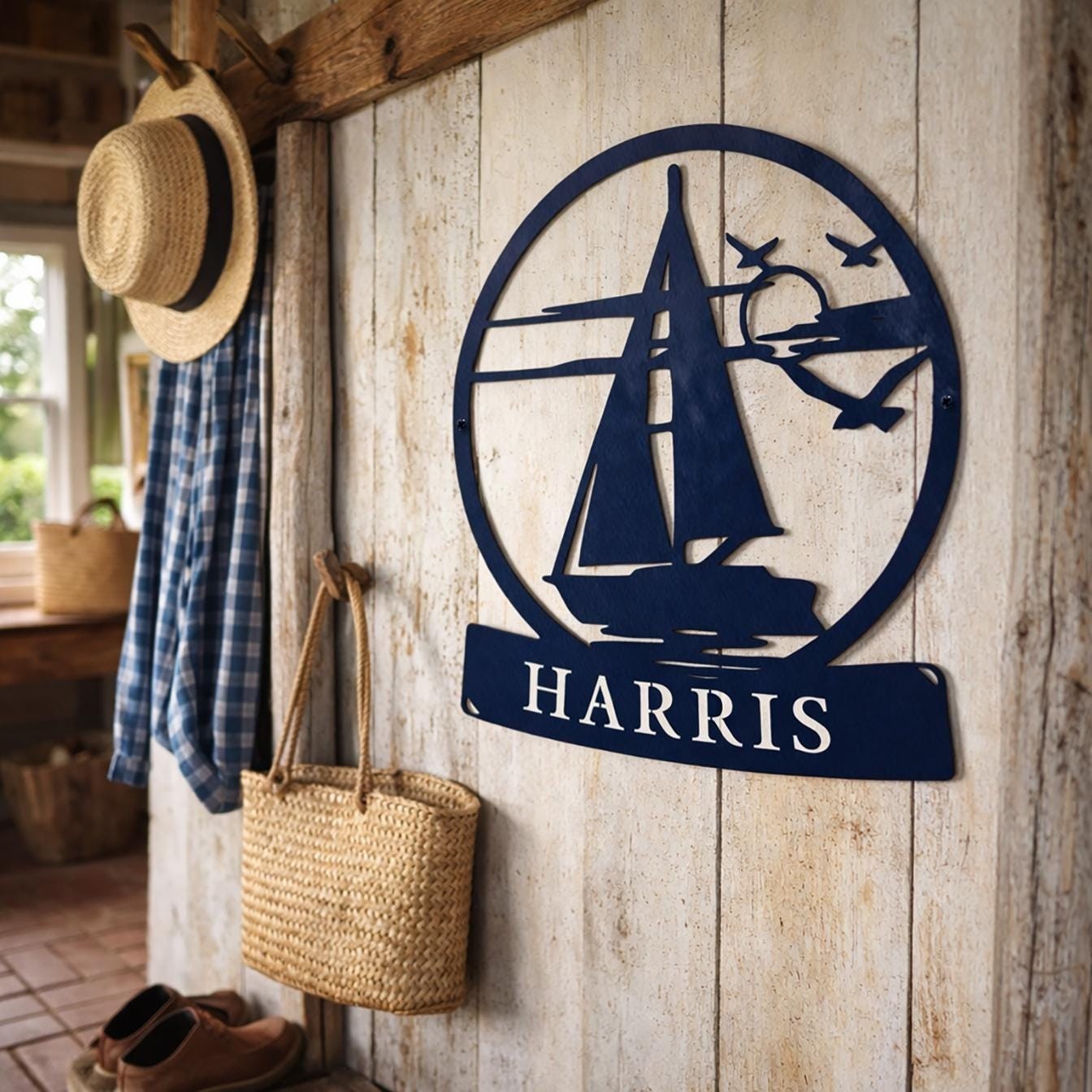 Custom Metal Sailboat Circle Name Sign Nautical Lakehouse Beach Wall Art Gift