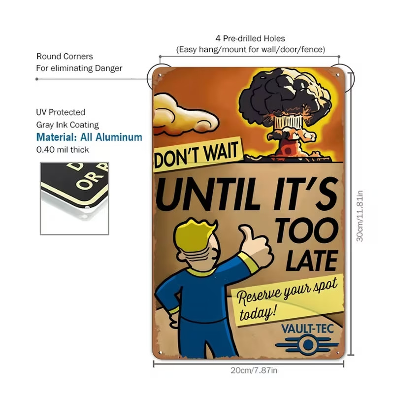 Vintage Fallout-Themed Metal Wall Art Sign – 8×12 Inch Metal Wall Art Sign 1pc
