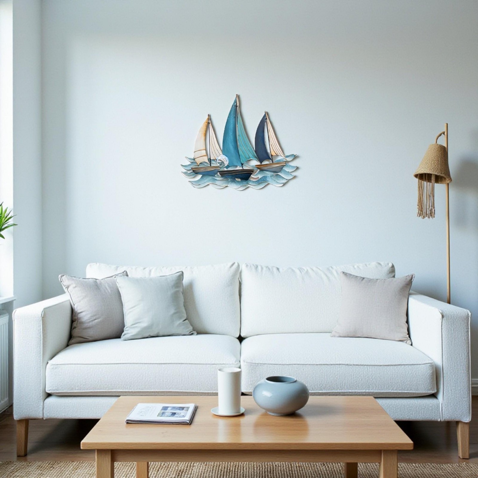 Wave Sailboat Metal Wall Art, Nautical Ocean Scene Wall Hanging, Coastal Beach