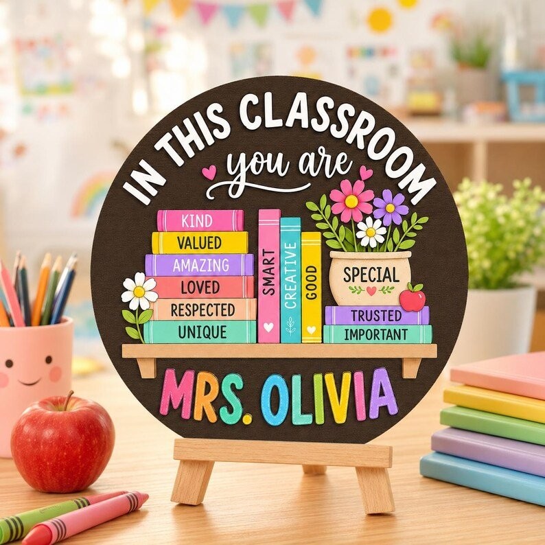 Personalized Classroom Door Sign, Custom Teacher Name Wood Hanger Gift