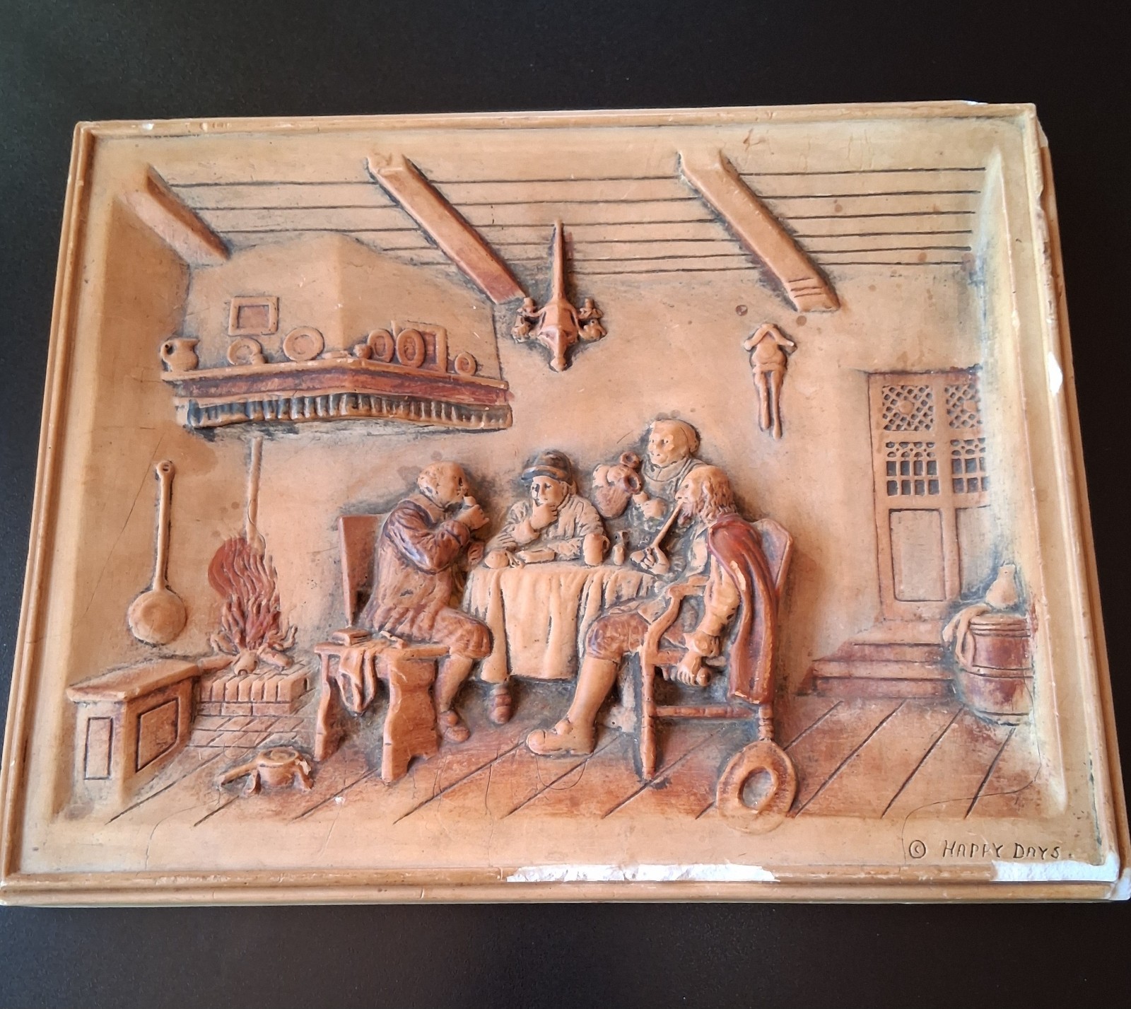 Vintage 3D Plaster Wall Plaque Happy Days Tavern Pub Scene Relief Rustic Bar