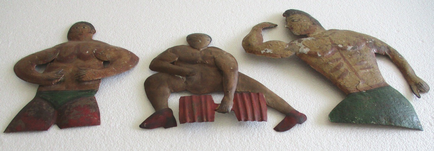 ANTIQUE TIN 3 GYMNASIUM BODY BUILDER TRADE ADVERTISEMENT SIGN WALL HANGING