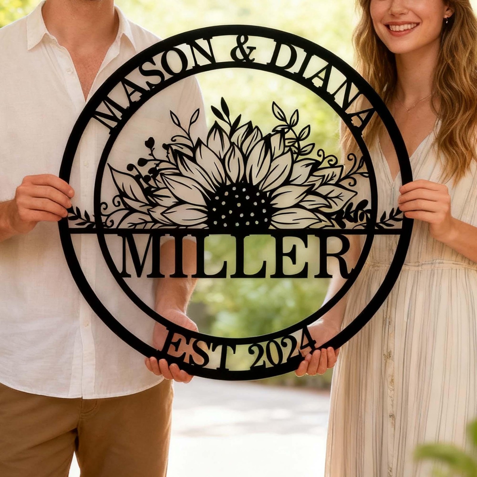 Personalized Family Name Metal Sign, Sunflower Wall Decor Gift