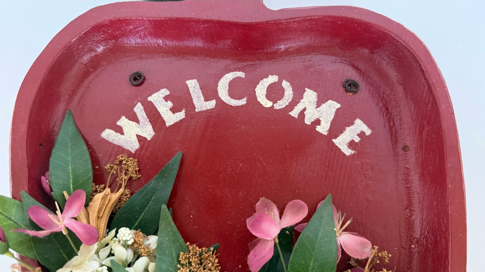 Apple Welcome Sign Wall Decor Faux Flowers Checkered Bow Country Kitchen