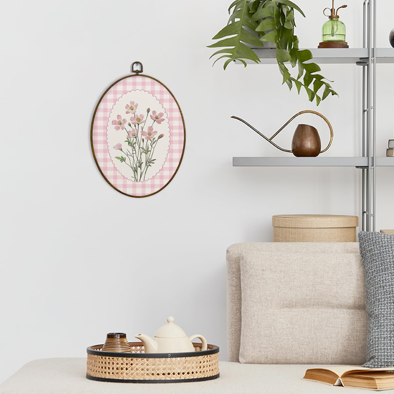 Pink Grandmillennial Floral Oval Wall Art Decor, Preppy Cottagecore Flower Fr…