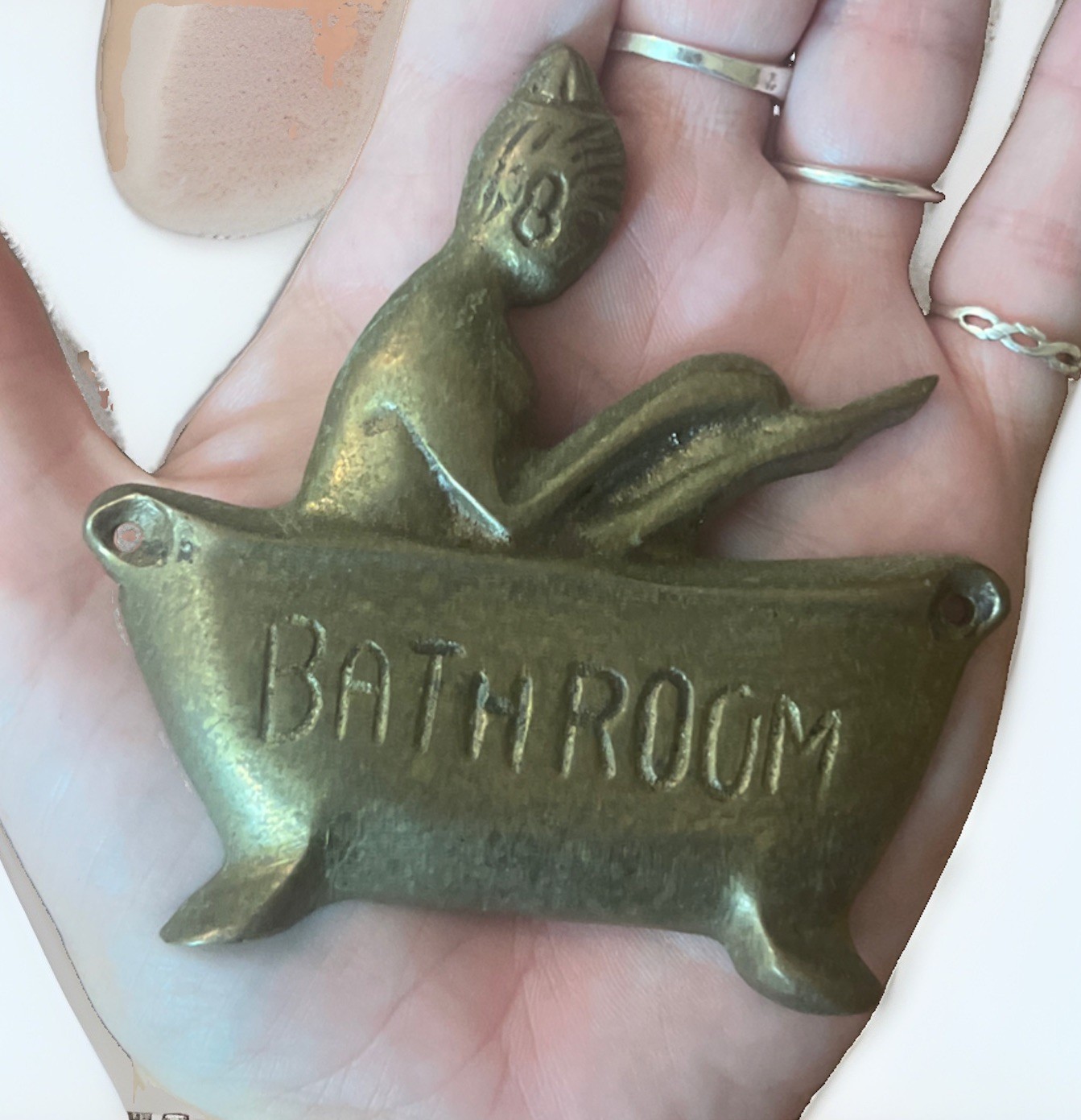 Solid Brass Vintage Lady In Bath Tub Bathroom Door Plaque Sign Wall Decor 4”x4”