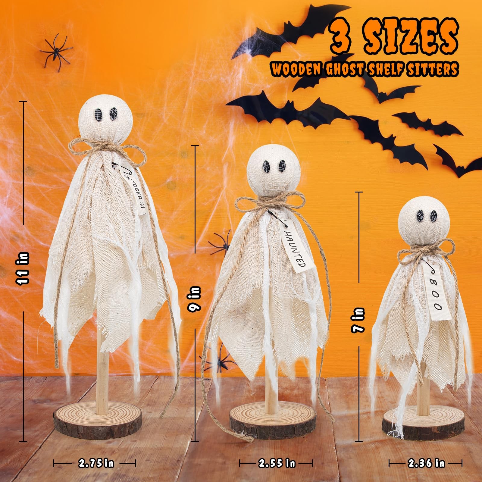 Wooden Ghost Halloween Decorations Indoor– Set of 3 Sizes Rustic Shelf White