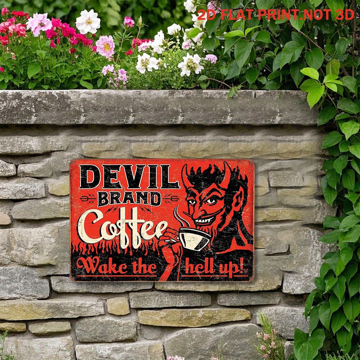 Devil Brand Coffee Vintage Metal Sign Wake the Hell Up Dark Humor Kitchen Decor