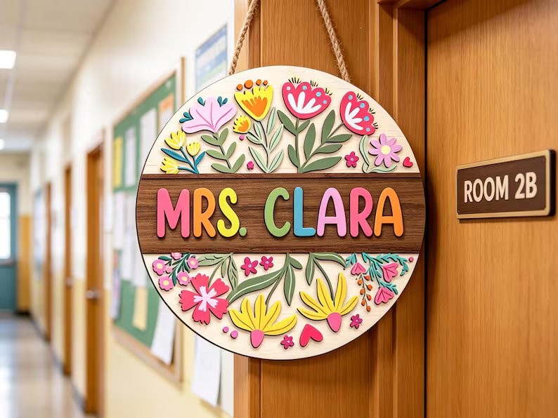 Custom Classroom Sign, Floral Teacher Door Hanger, Boho Decor Gift