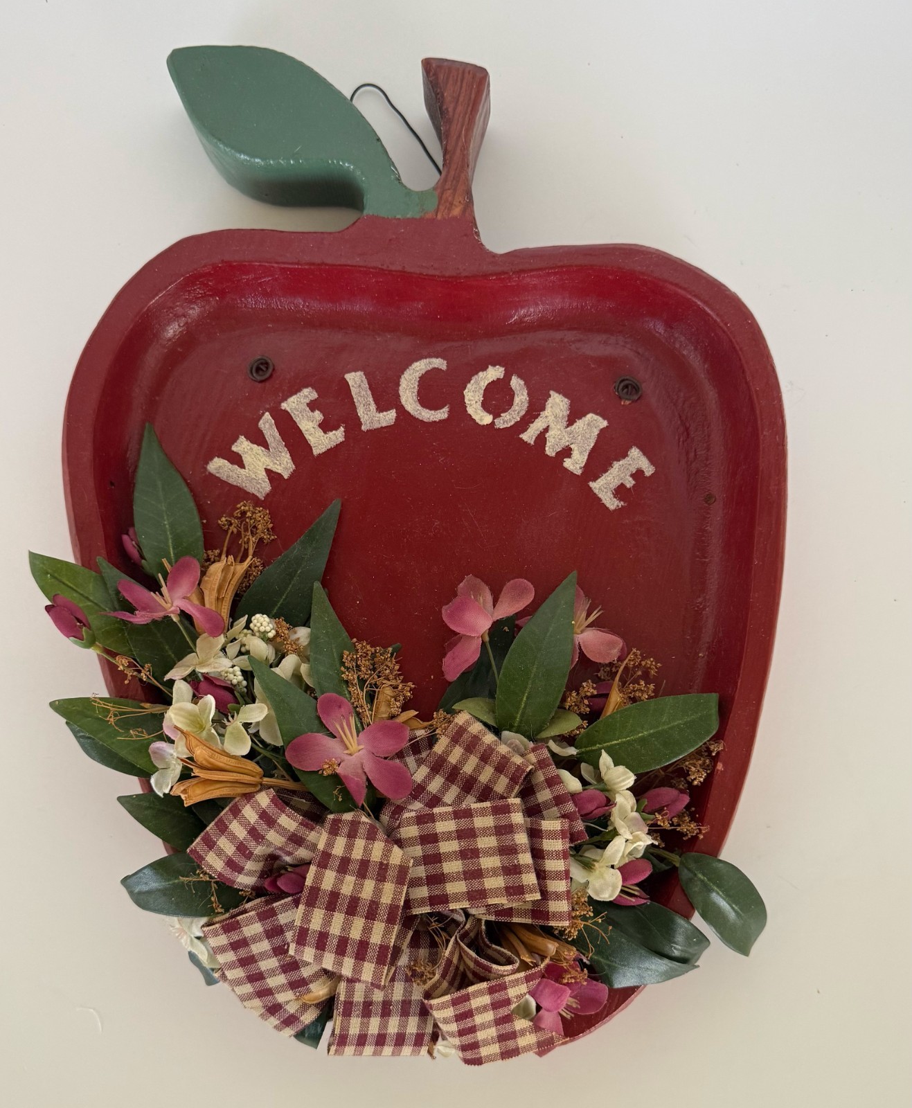Apple Welcome Sign Wall Decor Faux Flowers Checkered Bow Country Kitchen