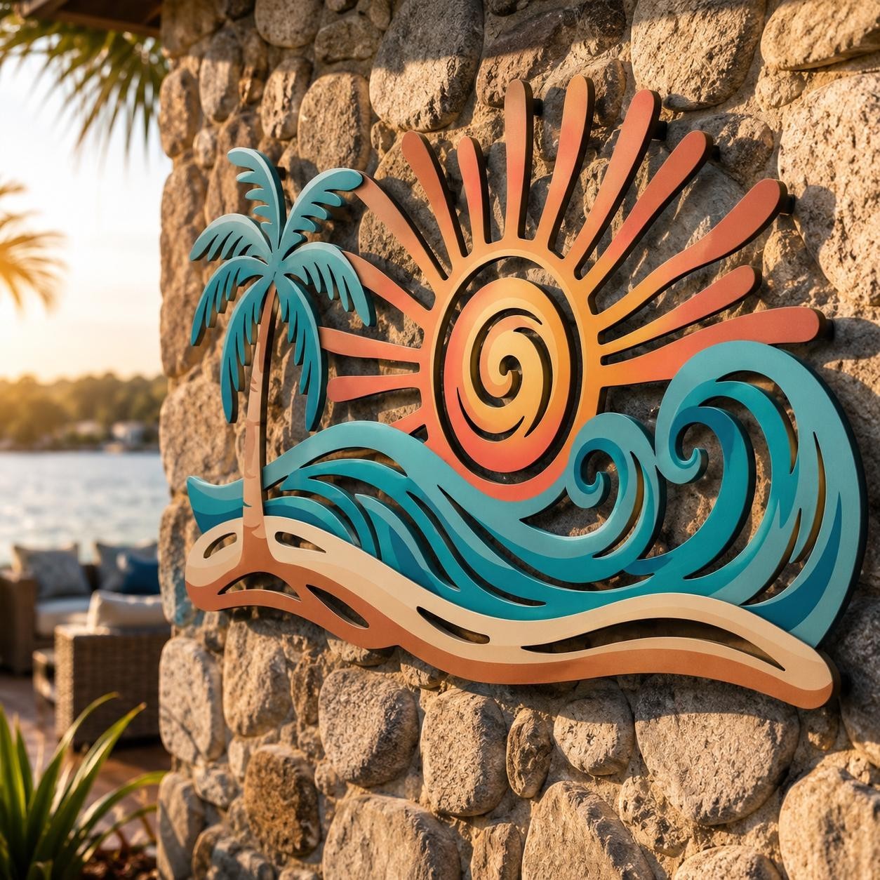 Metal Palm Tree Ocean Wave Sunset Wall Art, Coastal Beach House Decor