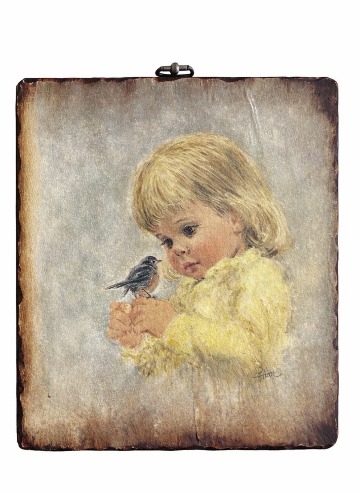 Vintage 1970s Francis Hook Eyed Girl Wood Wall Plaque Burnt Edge Cottage Art-2