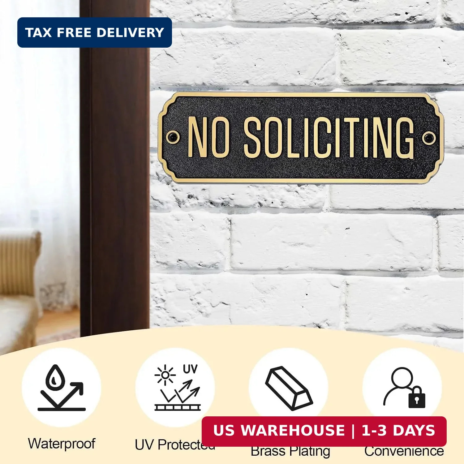 Wonderjune No Soliciting Sign Brass No Solicitors Sign for Front Door 1.5×5 Inch