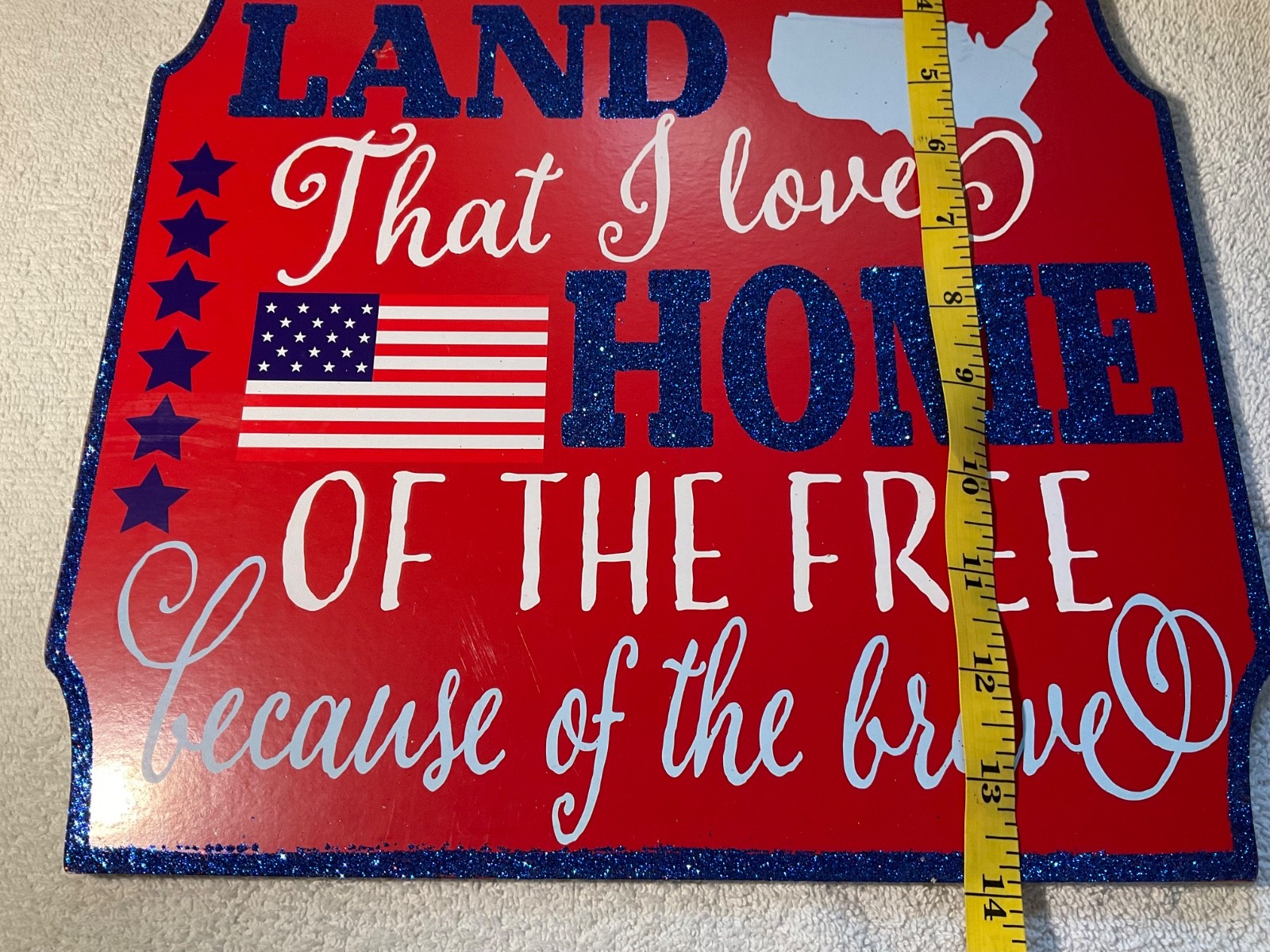Patriotic Sparkle Hanging Wood Wall Sign American Home Flag Brave Gnome Star NWT