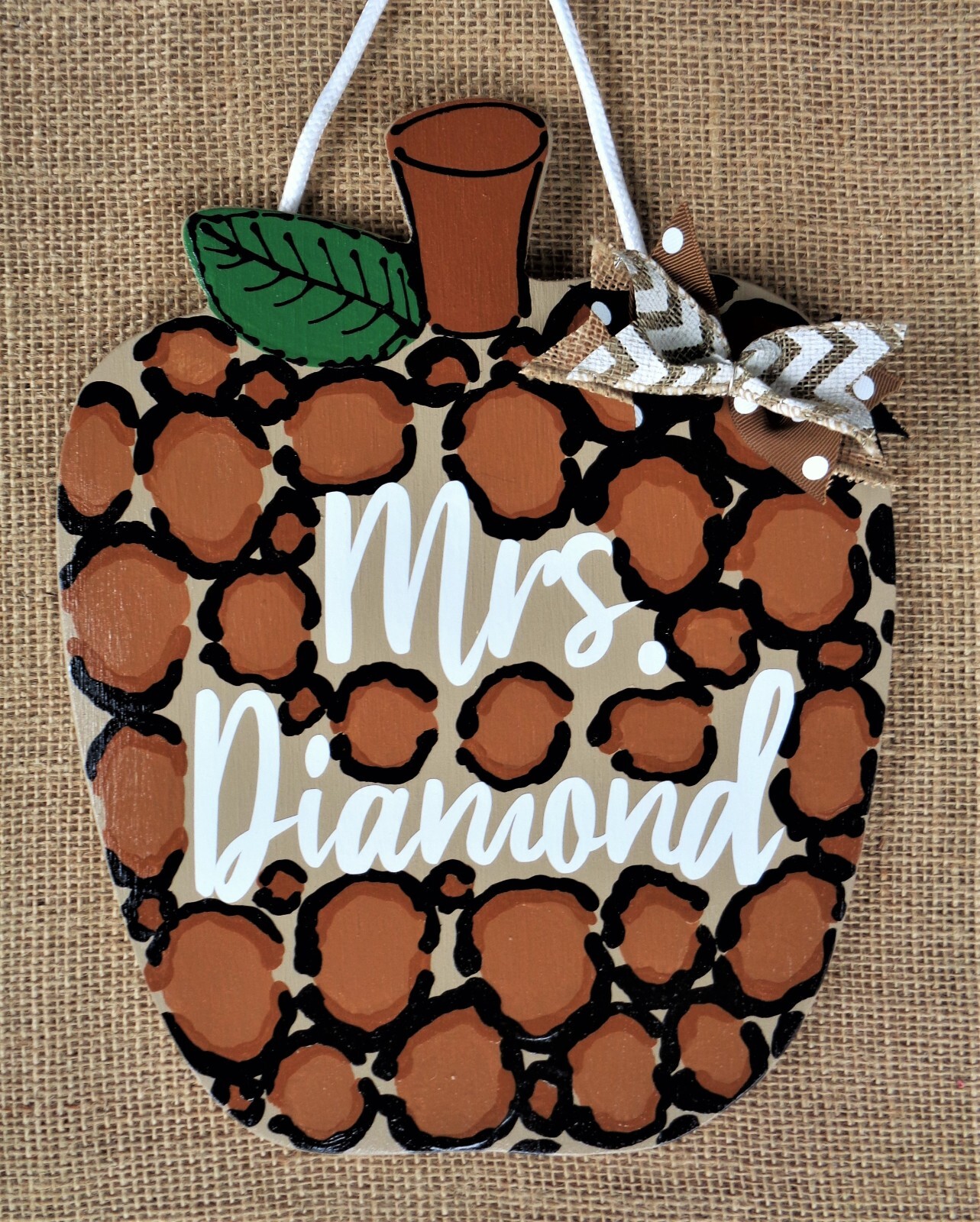 Personalize APPLE Leopard Print Teacher SIGN School Classroom Plaque Hanger