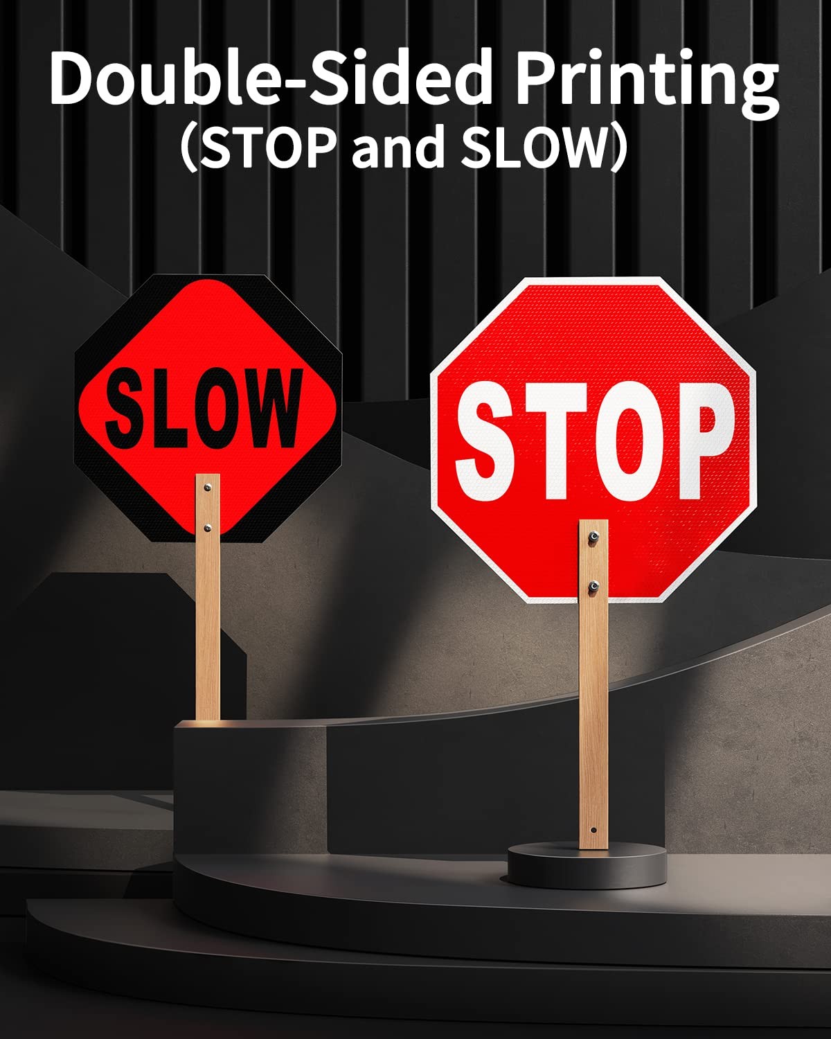 Stop Slow Sign, Double 13 x 13 inches, Silver and Natural Bamboo Wood Color