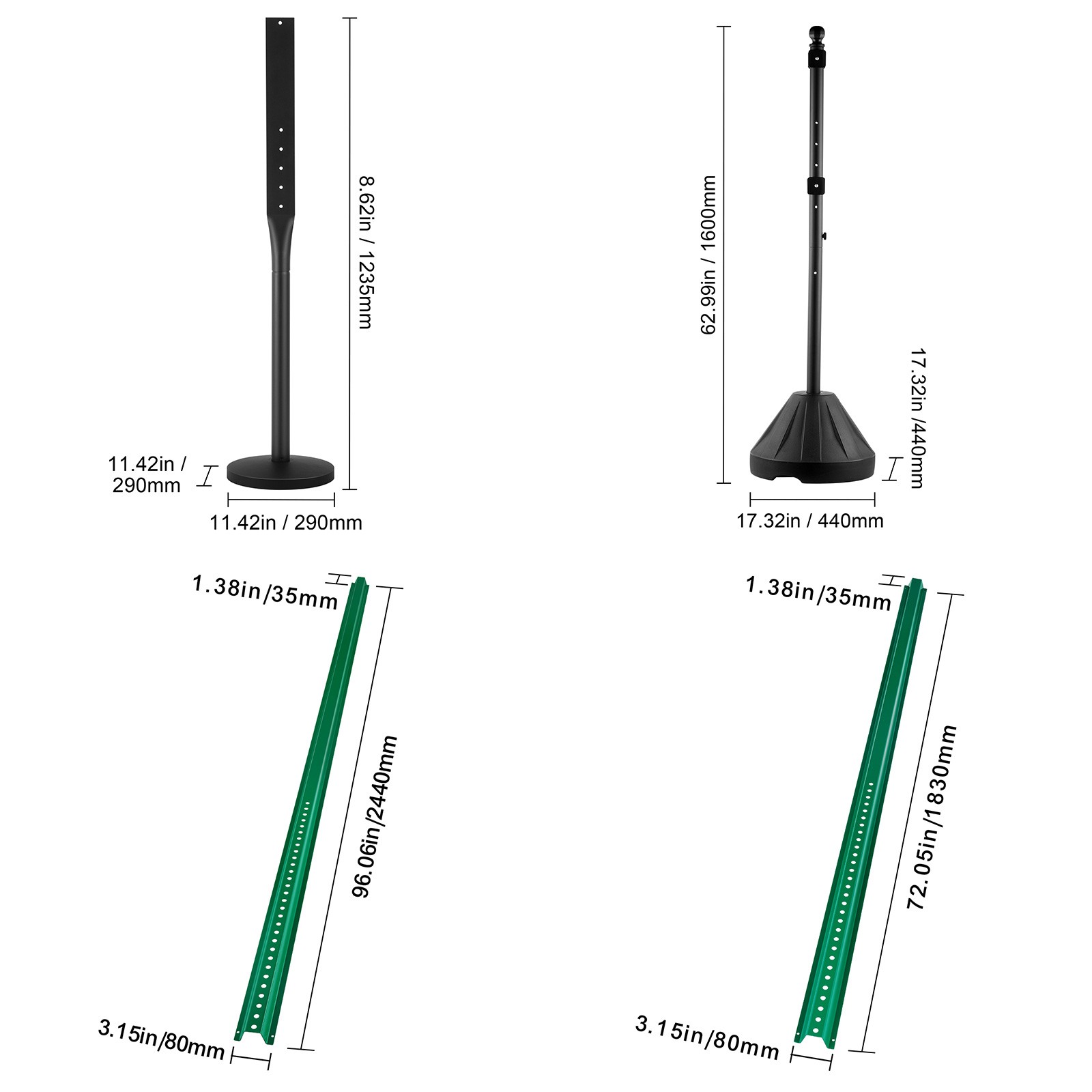 Cast Iron Sign Post 4/5/6/8ft U-Channel Sign Stand with Wheels Black/Green