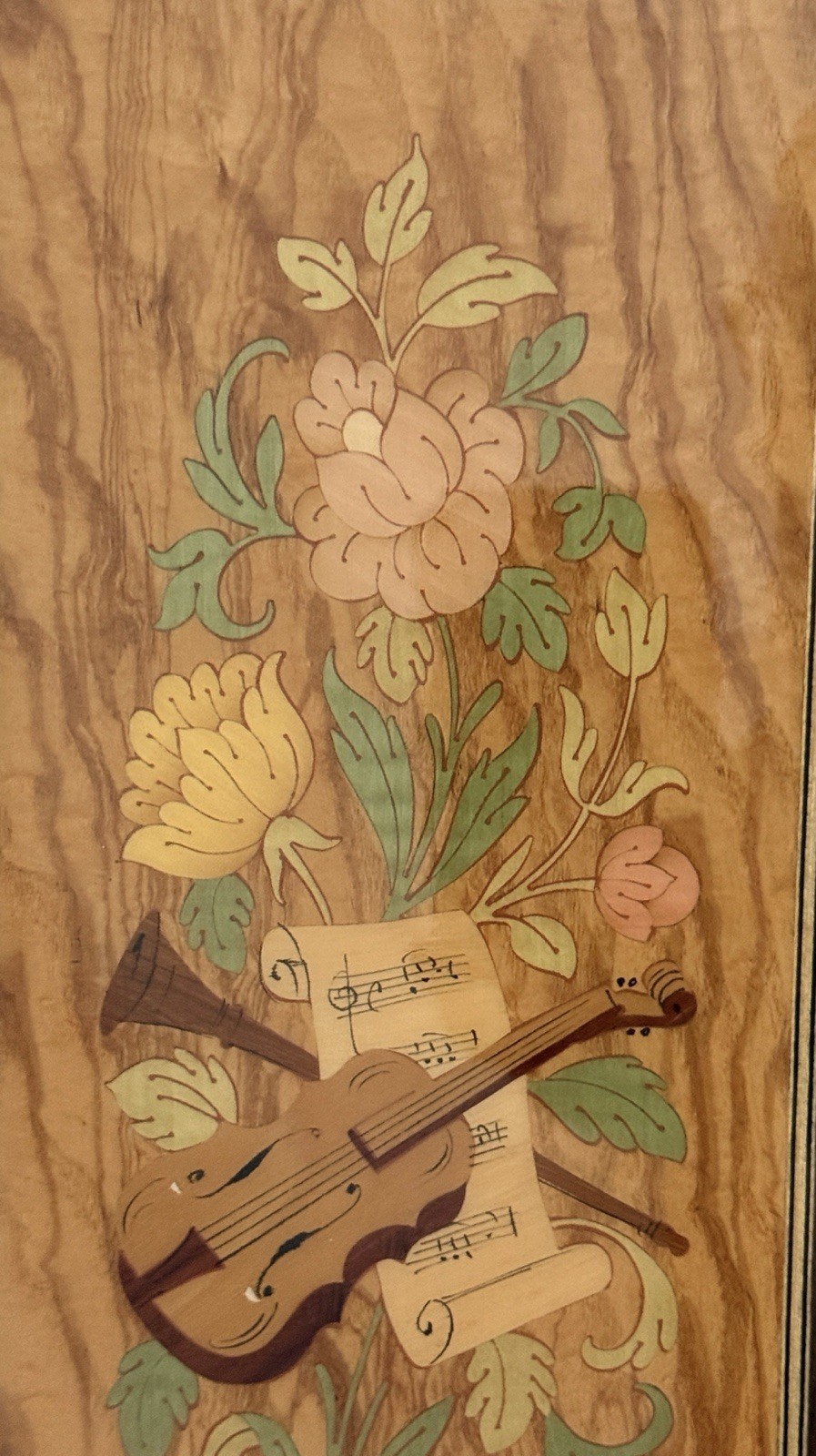 Vintage Italian Marquetry Wall Art Carved Wood Inlay Floral Violin Handcrafted