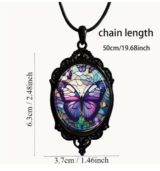 NECKLACE-3pcs Purple Butterfly Necklace with Glass Pendant and Earrings