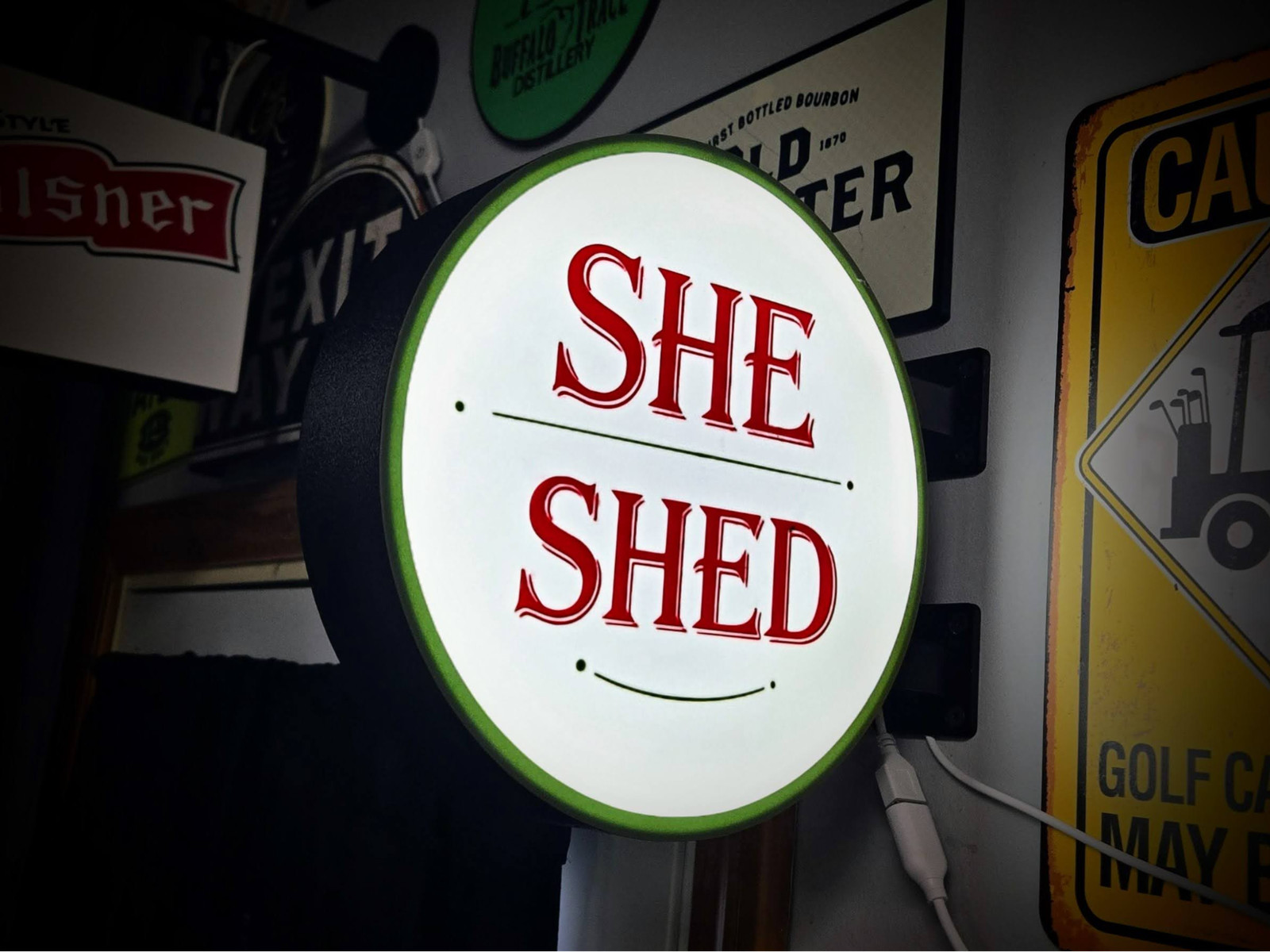 She Shed LED Lightbox Sign 3D Printed Round Wall Mount Man Cave Garage Decor