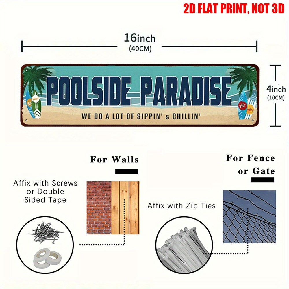 Pool Decor Poolside Paradise Retro Outdoor Metal Tin Sign Coastal Beach Park Bar