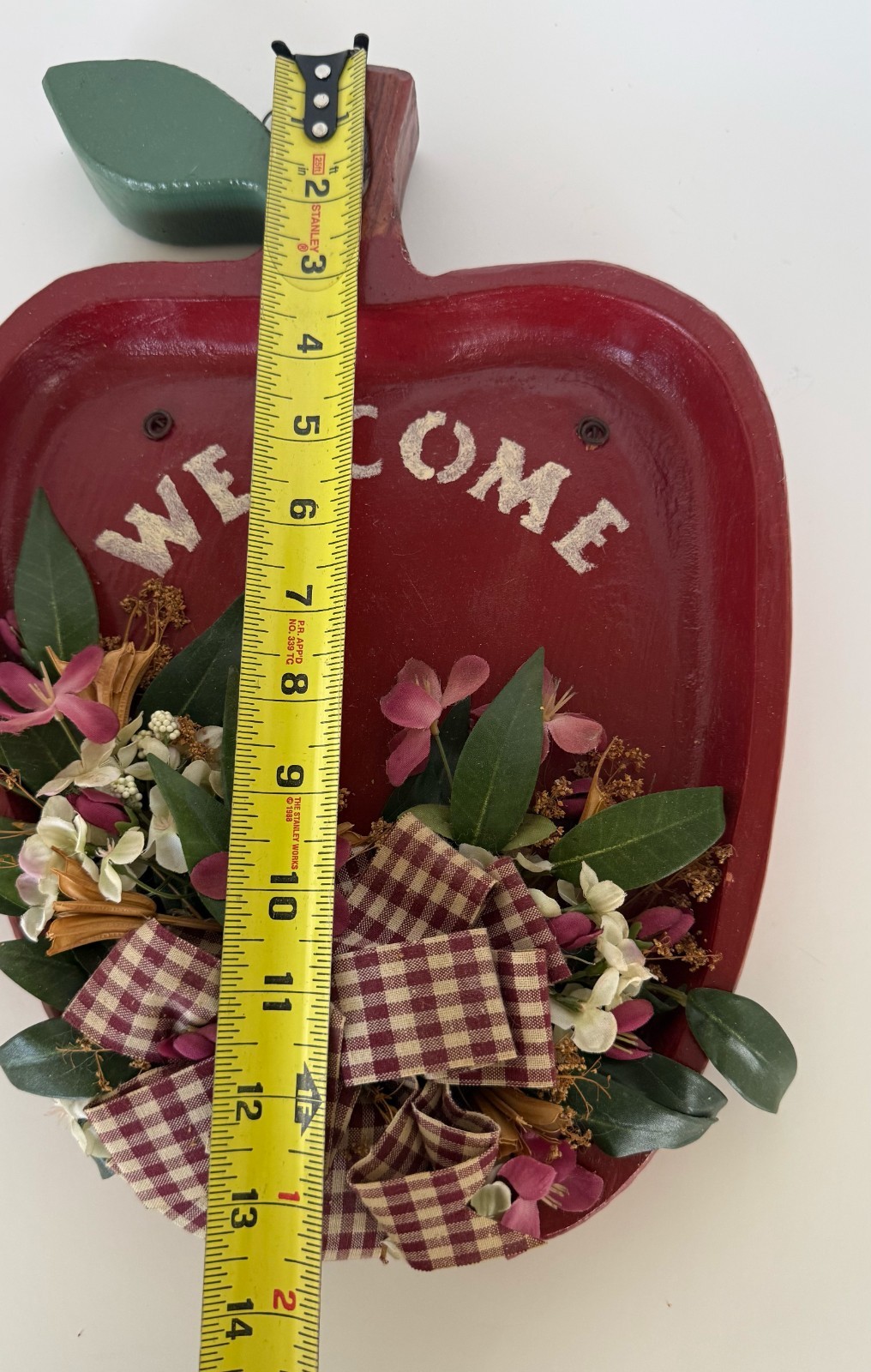 Apple Welcome Sign Wall Decor Faux Flowers Checkered Bow Country Kitchen
