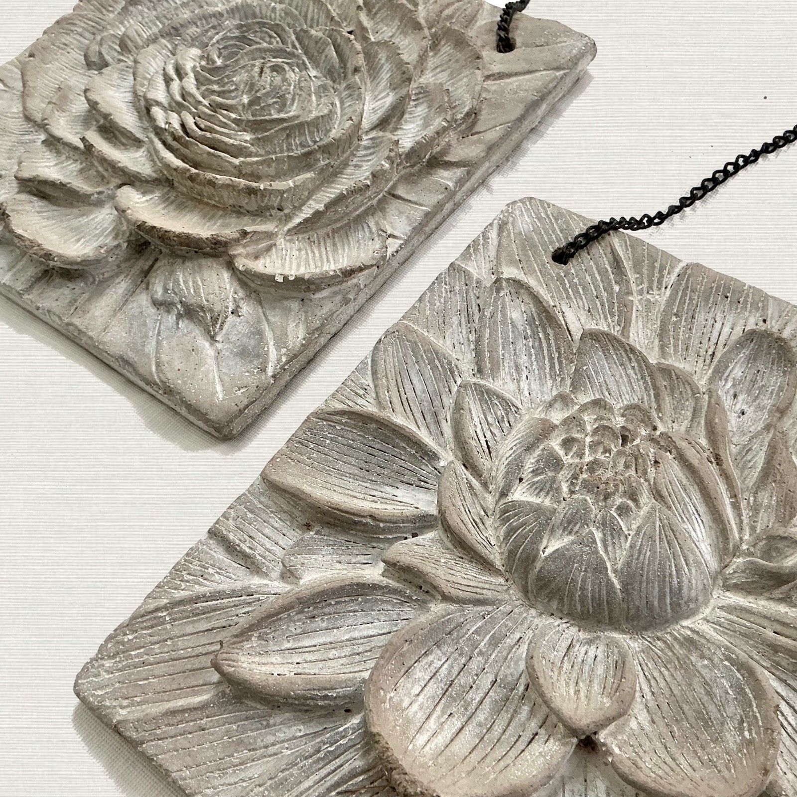 Set of 2 Concrete Wall Plaques 10” x 10” Architectural Relief Floral Botanical