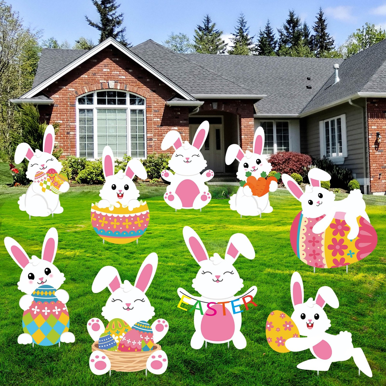 9 PCS Easter Yard Signs Easter Bunny Outdoor Sign with Stakes Bunny Egg Garde…