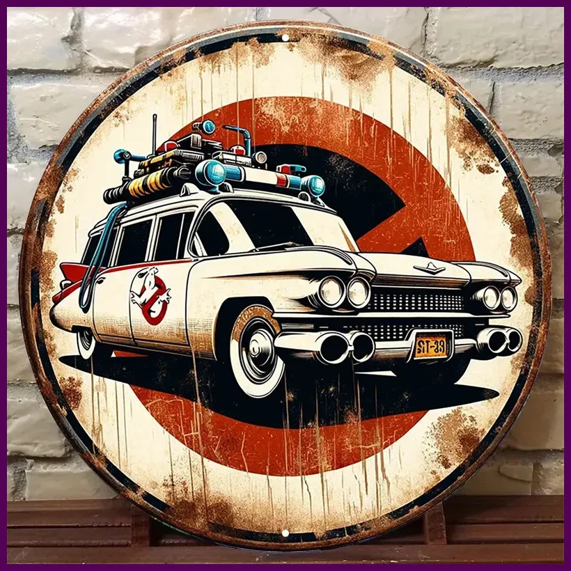 Wall Decor Ghostbusters Ecto-1 Car Vintage Metal Sign Retro Aluminum Round Wall