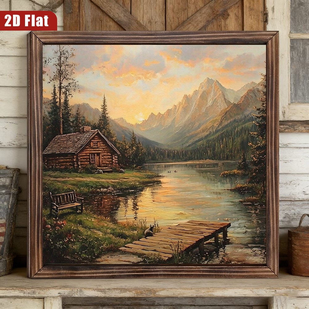 Classic Wilderness Lake Cabin Mountain Sunset Rustic Living Room Wall Art Plaque