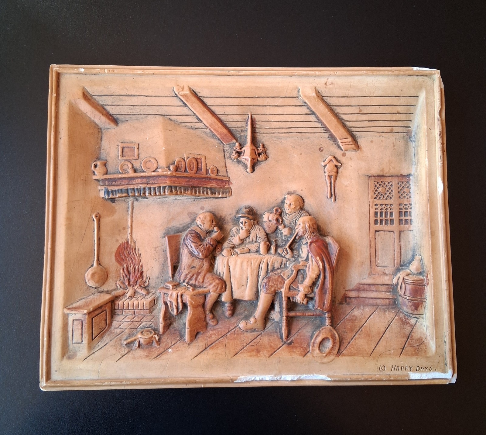 Vintage 3D Plaster Wall Plaque Happy Days Tavern Pub Scene Relief Rustic Bar
