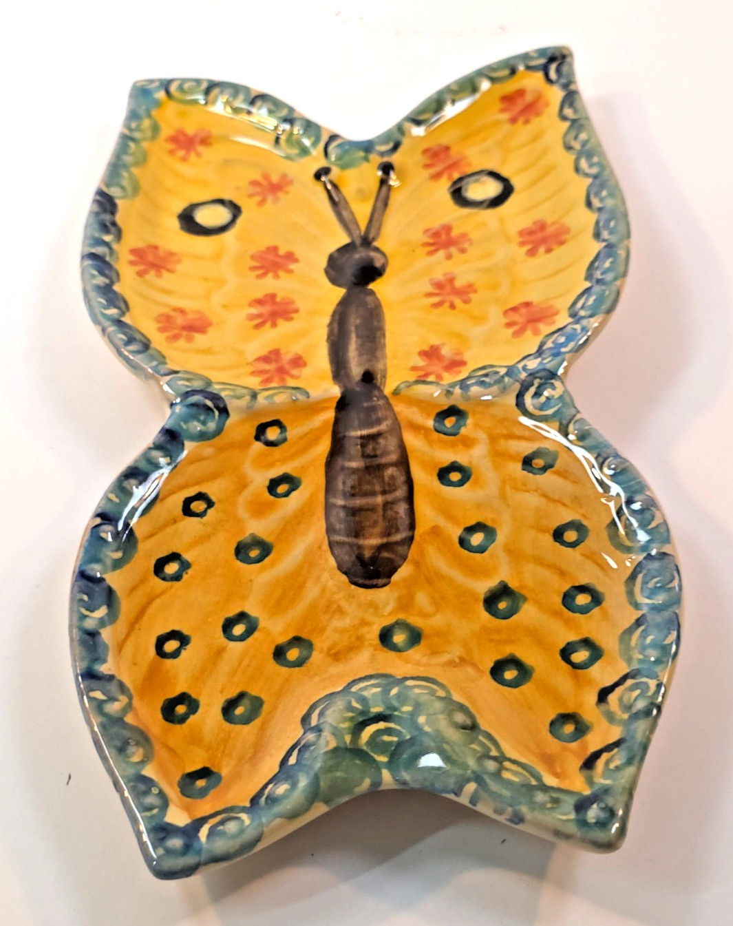 MCM Italian Ceramic Butterfly Wall Art Hand Painted Yellow Blue 9″ Decor