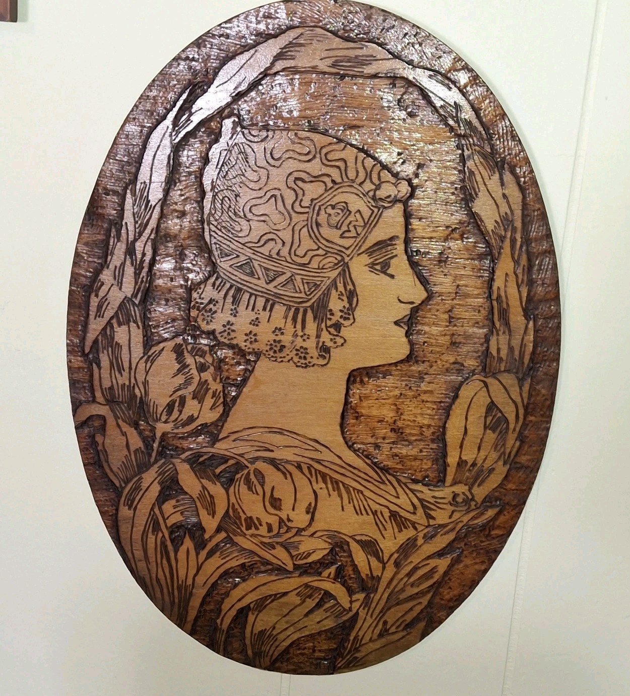 Antique Flemish Wall Art Lady Portrait Wood Country Farmhouse 1909