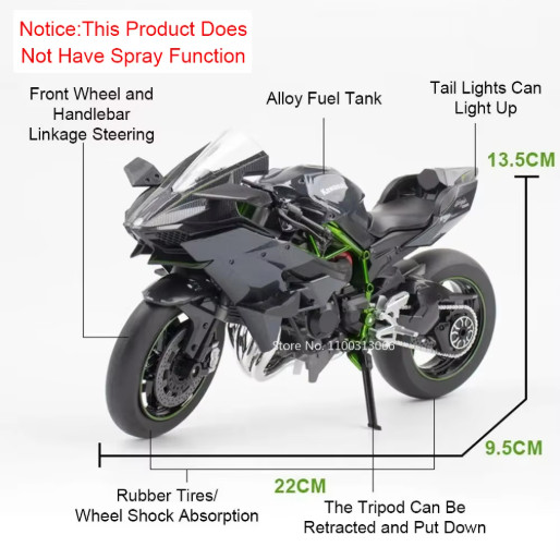 1:9 Kawasaki Ninja H2R Diecast Motorcycle Model Light Sound Alloy Toy Gift