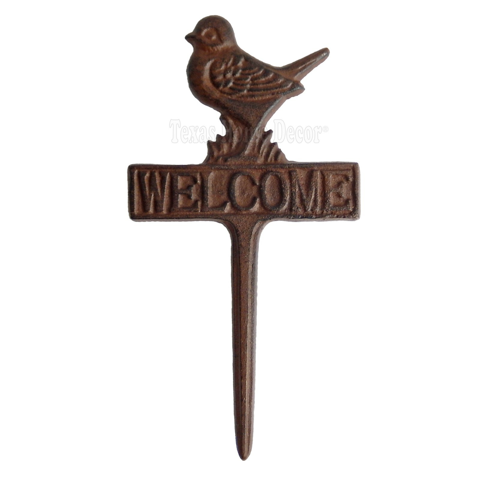 Bird Welcome Garden Ground Stake Cast Iron Yard Decor Rustic Finish 11″ tall