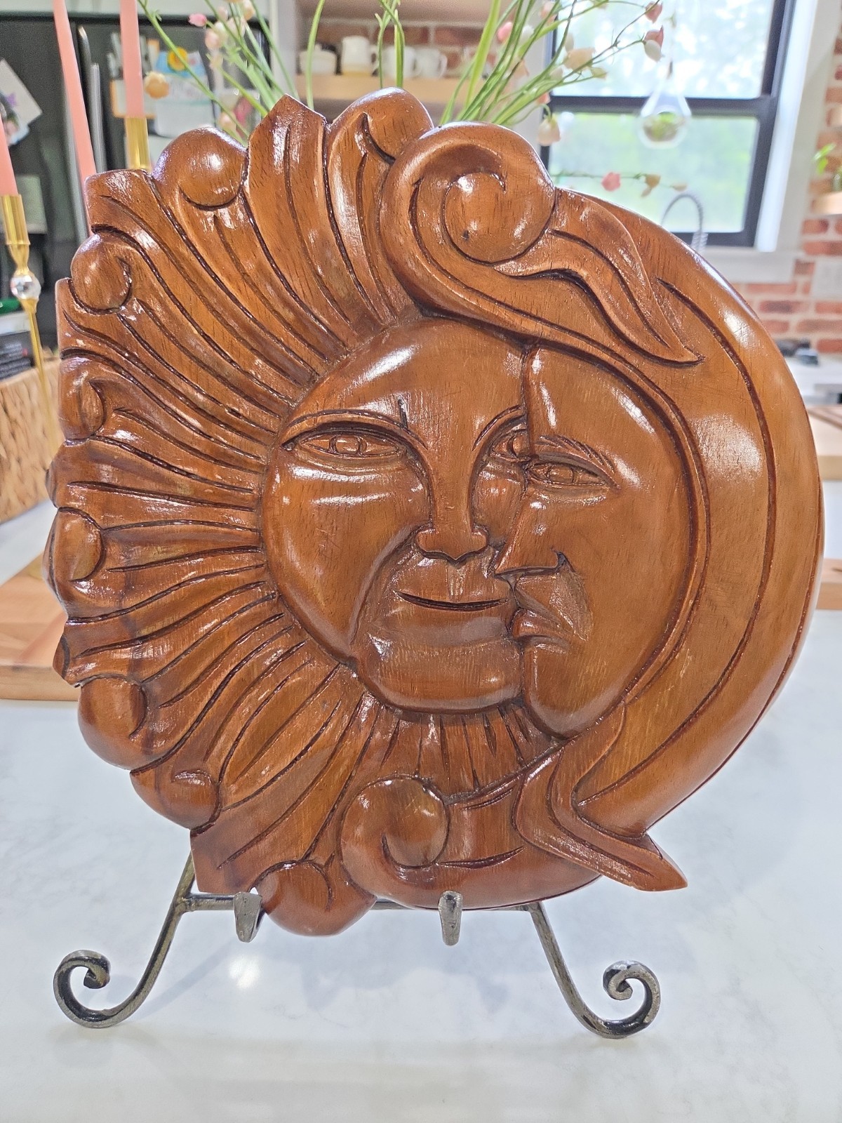Hand Carved Celestial Kissing Sun and Moon Solid Wood Wall Plaque Lovers Forever