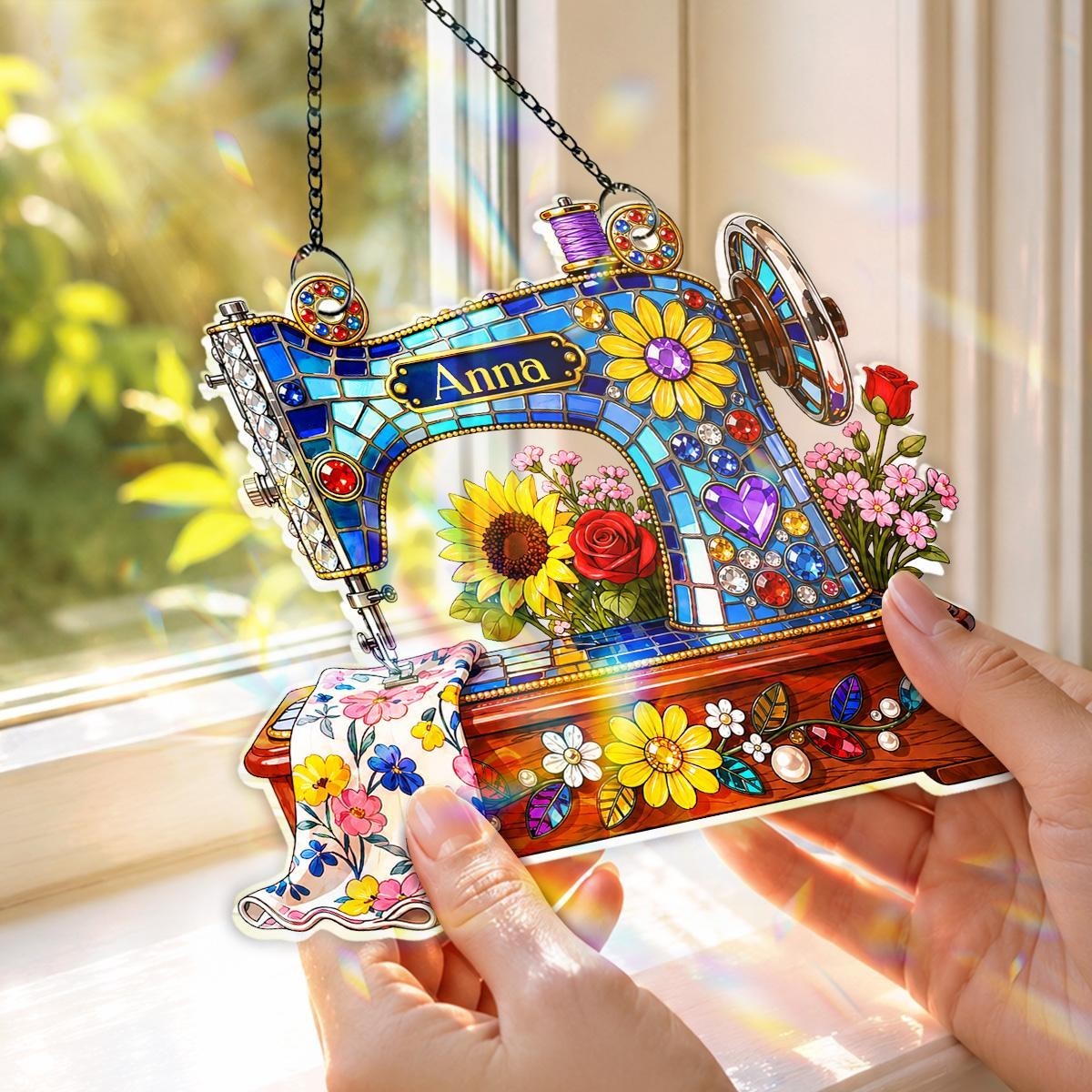 Personalized Sewing Machine Acrylic Suncatcher, Floral Design QuilterCraft Space