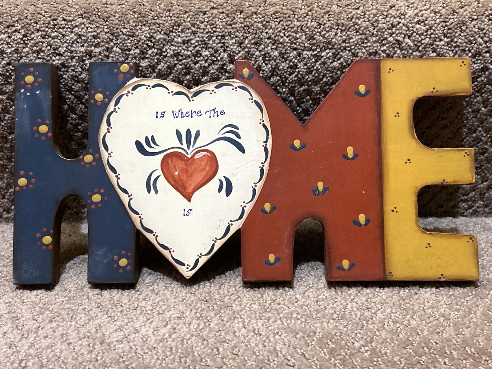 Vintage “HOME” Where Heart Is Carved Wood & Hand Painted Folk Art Wall Hanging