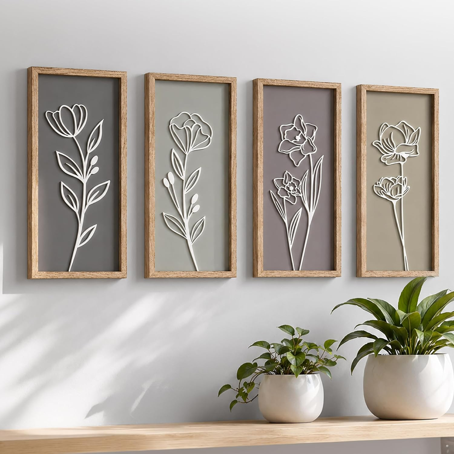 3D Wooden Floral Bathroom Wall Decor (Set of 4) Lightweight, Ready-To-Hang Frame