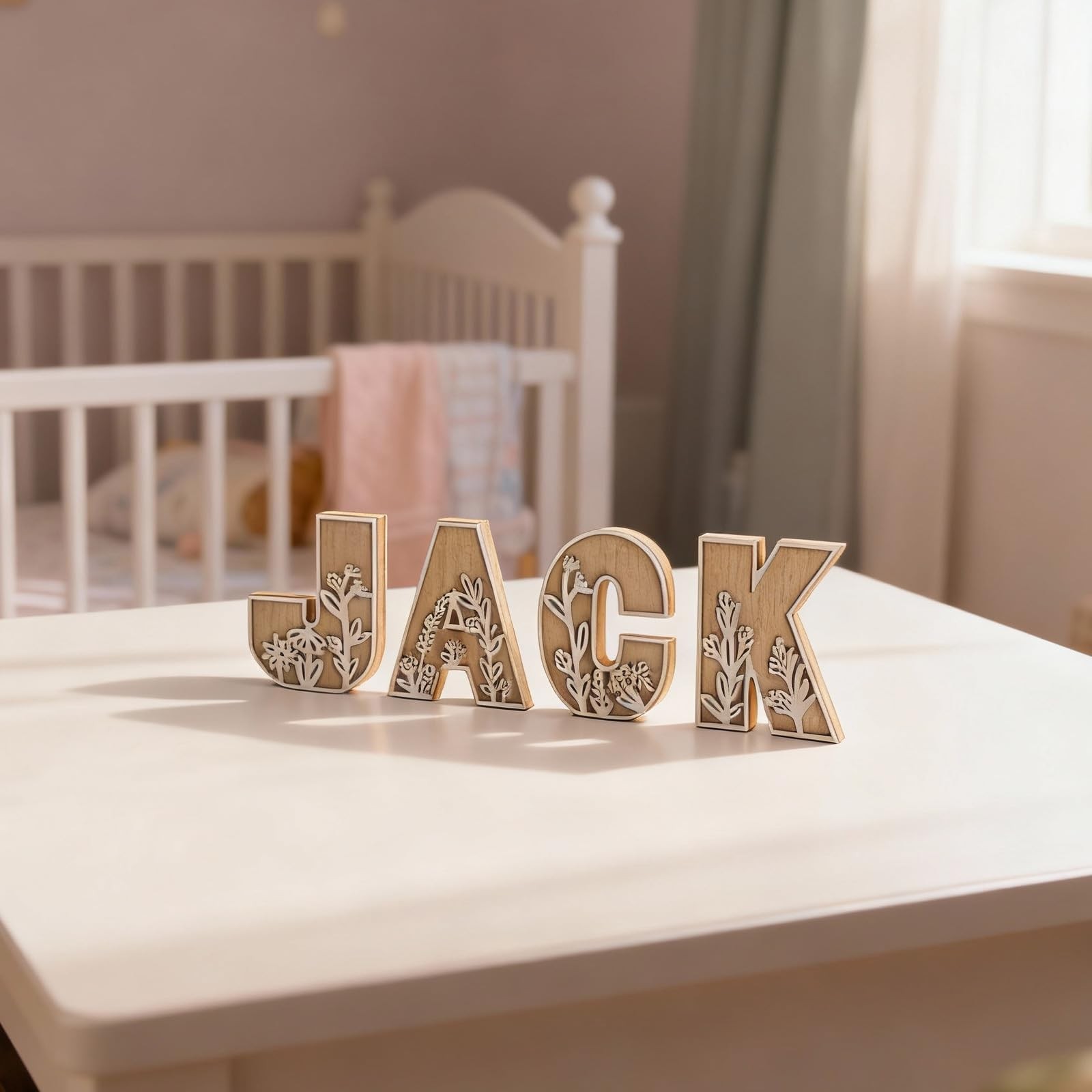 3D Layered Floral Wooden Letters for Wall Decor, 4.9″ Name Sign for Nursery, …